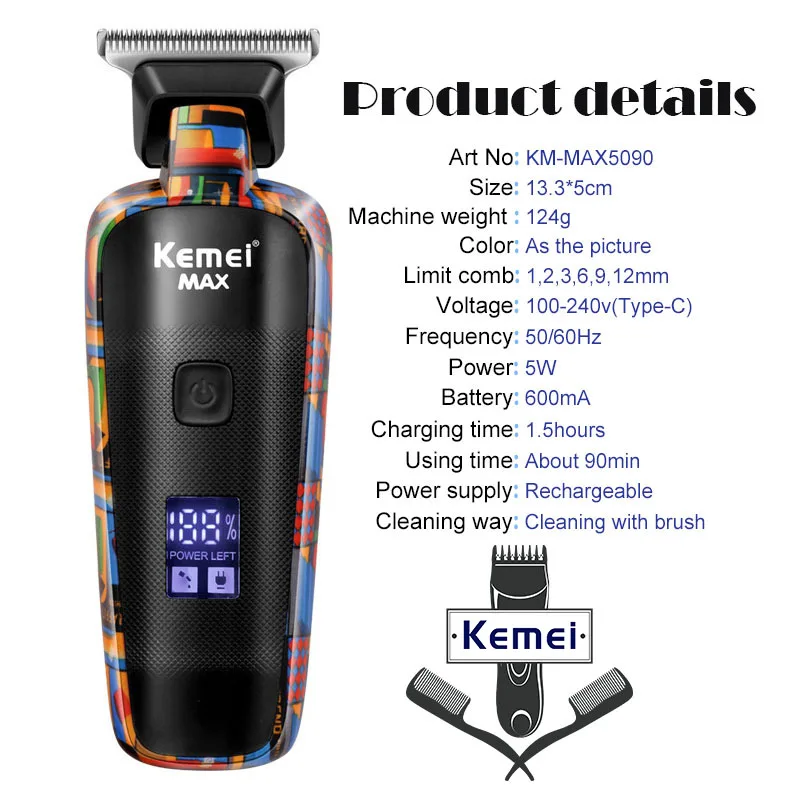 Kemei-5090 tondeuses à cheveux avec affichage numérique, poussoir de barbier professionnel pour hommes, tondeuse à cheveux électrique à motif Graffiti aléatoire – Image 5