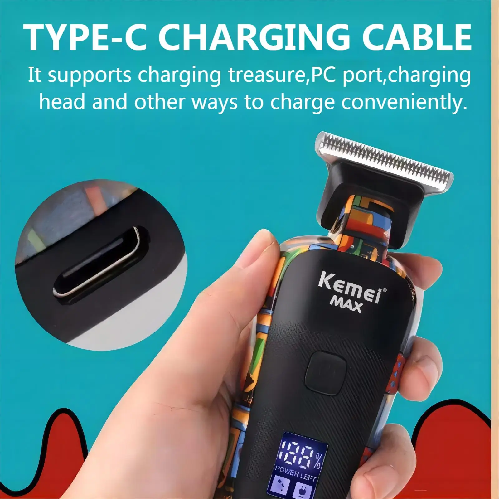 Kemei-5090 tondeuses à cheveux avec affichage numérique, poussoir de barbier professionnel pour hommes, tondeuse à cheveux électrique à motif Graffiti aléatoire – Image 6